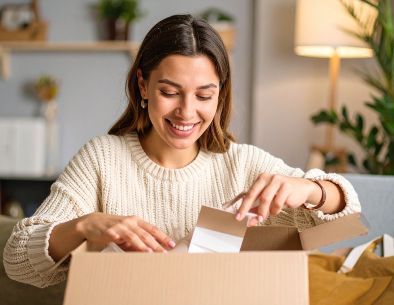 Frau die Packet auspackt